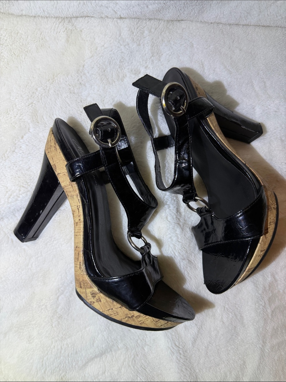 Patent Black Cork-Trim Platform Heels with Ankle Buckle